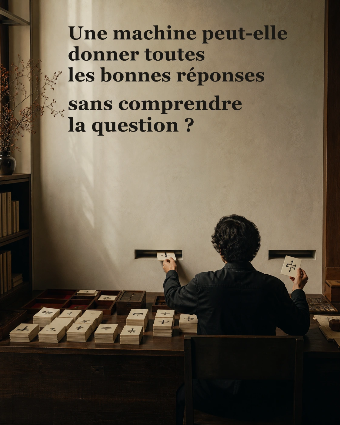 Couverture du carrousel La chambre chinoise : une personne assise de dos devant un mur percé de deux fentes, échangeant des fiches couvertes de caractères chinois.