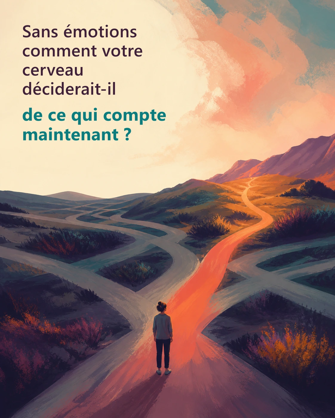 Couverture du carrousel Les émotions comme priorités : une silhouette de dos face à un chemin qui se divise entre des collines au lever du soleil.