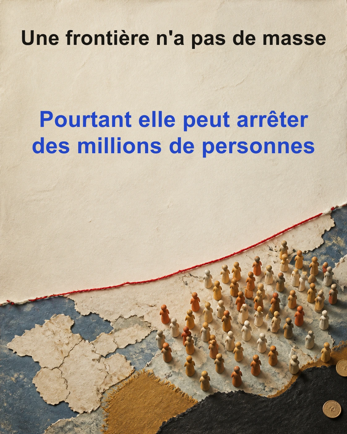 Couverture du carrousel Quand les idées déplacent la matière : une carte déchirée bordée d'un fil rouge cousu, avec de petites figurines groupées près de la frontière.