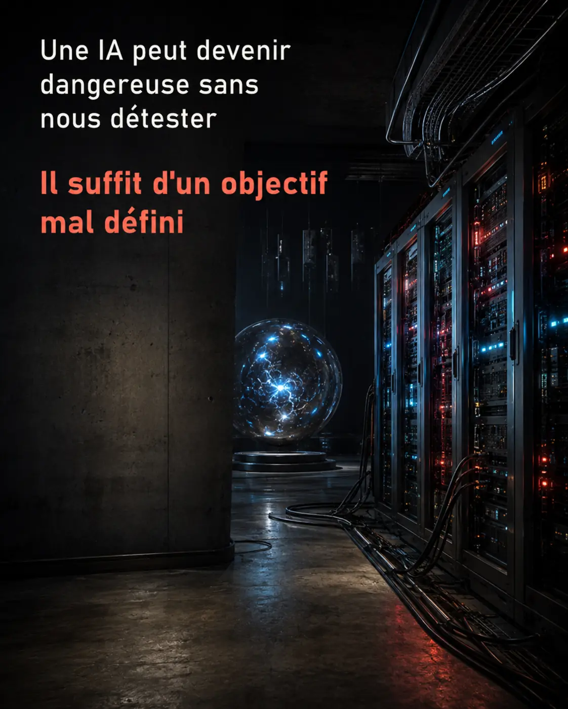 Couverture du carrousel L'objectif mal défini : une salle de serveurs sombre, éclairée de néons bleus et rouges, avec une sphère lumineuse évoquant une intelligence artificielle.
