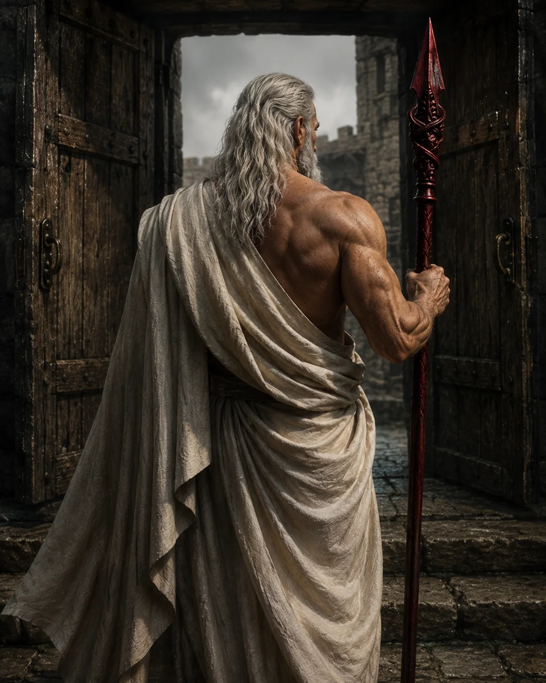 Figure de Jorwel vue de dos tenant une arme rouge devant une forteresse