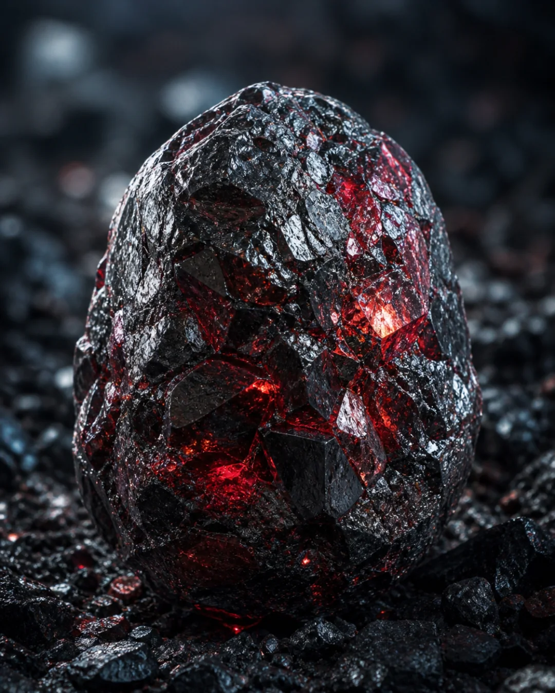 Minerai de Blodium sombre traversé de veines rouges